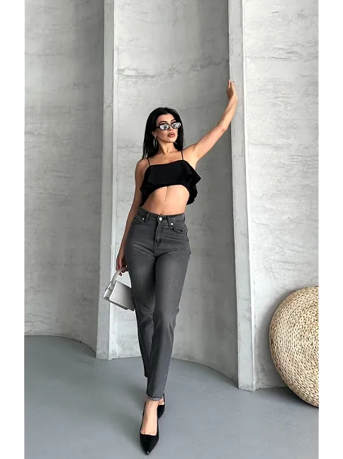 Mom Fit Enzim Taş Yıkama Jeans Pantolon Füme D2006