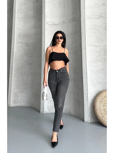 Mom Fit Enzim Taş Yıkama Jeans Pantolon Füme D2006