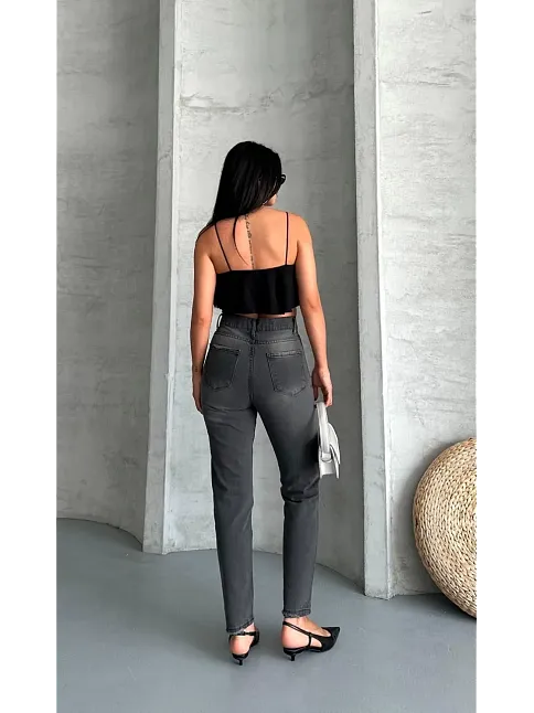 Mom Fit Enzim Taş Yıkama Jeans Pantolon Füme D2006