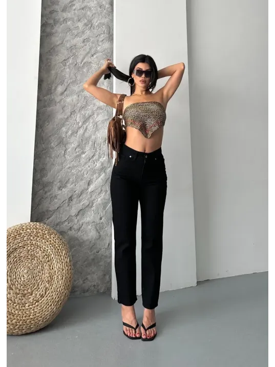 Mom Fit Enzim Taş Yıkama Jeans Pantolon Siyah D2006