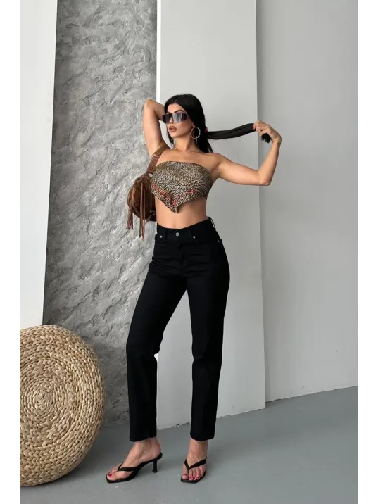 Mom Fit Enzim Taş Yıkama Jeans Pantolon Siyah D2006