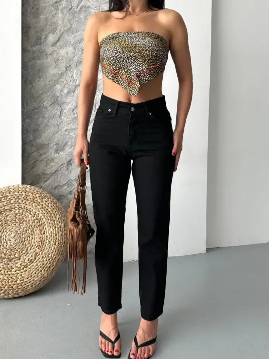 Mom Fit Enzim Taş Yıkama Jeans Pantolon Siyah D2006