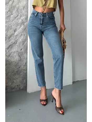 Mom Fit Kar Yıkama Bıyık Detaylı Jeans Pantolon D2006