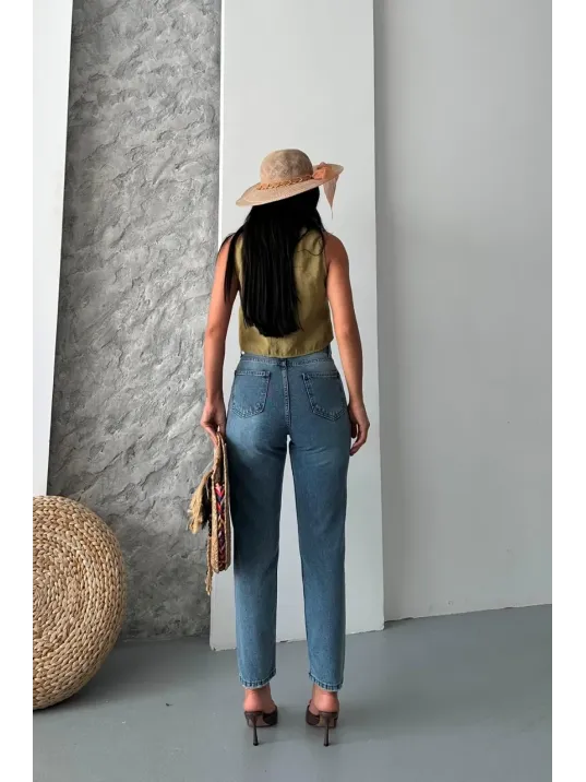Mom Fit Kar Yıkama Bıyık Detaylı Jeans Pantolon D2006
