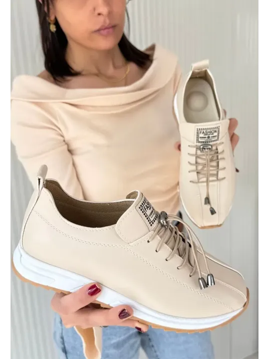 Monya Bej Cilt Bağcıklı Spor Ayakkabı