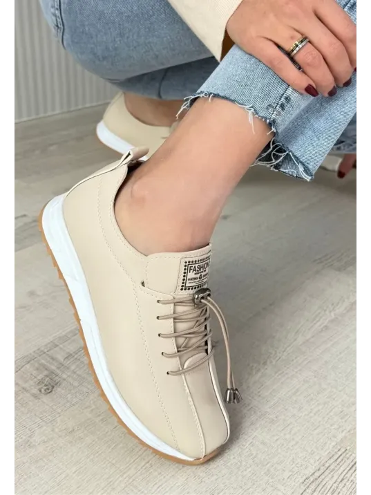 Monya Bej Cilt Bağcıklı Spor Ayakkabı