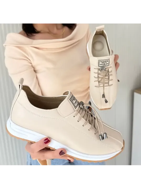 Monya Bej Cilt Bağcıklı Spor Ayakkabı