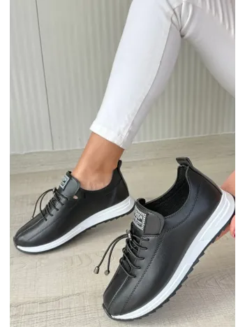 Monya Siyah Cilt Bağcıklı Spor Ayakkabı