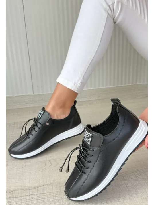 Monya Siyah Cilt Bağcıklı Spor Ayakkabı Monya Siyah Cilt Bağcıklı Spor Ayakkabı