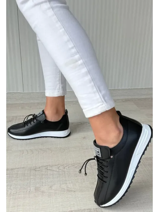 Monya Siyah Cilt Bağcıklı Spor Ayakkabı Monya Siyah Cilt Bağcıklı Spor Ayakkabı
