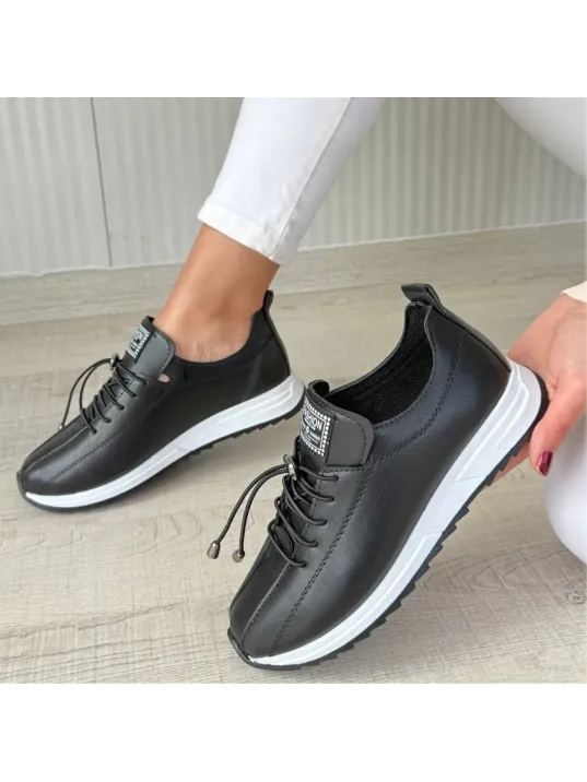Monya Siyah Cilt Bağcıklı Spor Ayakkabı Monya Siyah Cilt Bağcıklı Spor Ayakkabı