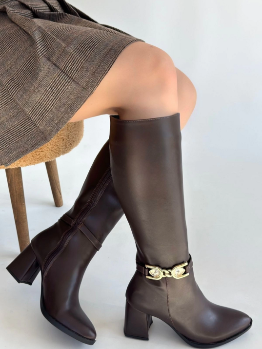 Mooni Kahverengi Cilt Topuklu Çizme