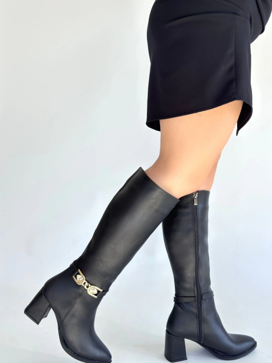 Mooni Siyah Cilt Topuklu Çizme