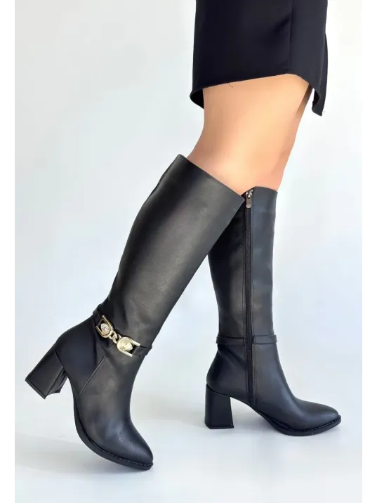 Mooni Siyah Cilt Topuklu Çizme Mooni Siyah Cilt Topuklu Çizme