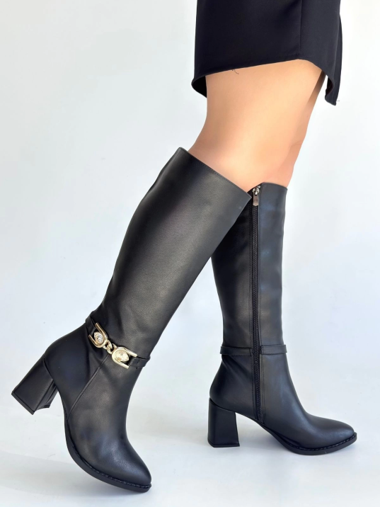 Mooni Siyah Cilt Topuklu Çizme
