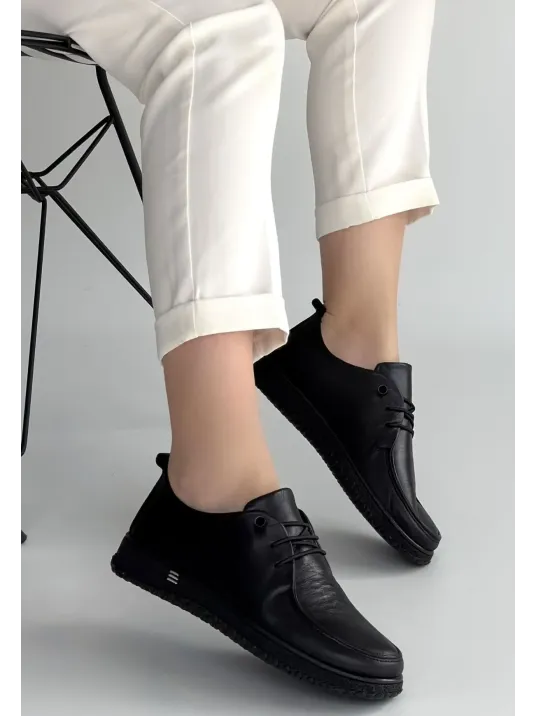 Mopin Siyah Deri Bağcıklı Spor Ayakkabı