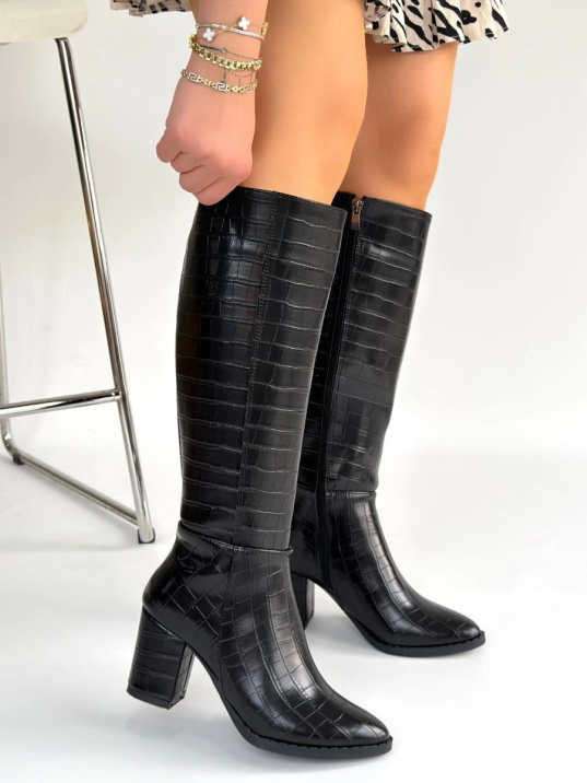 Morena Siyah Desenli Cilt Topuklu Çizme