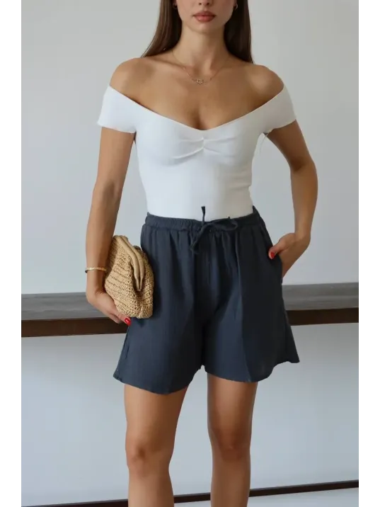 Müslin Kumaş Şort Bağcıklı Antrasit Pt Müslin Kumaş Şort Bağcıklı Antrasit Pt