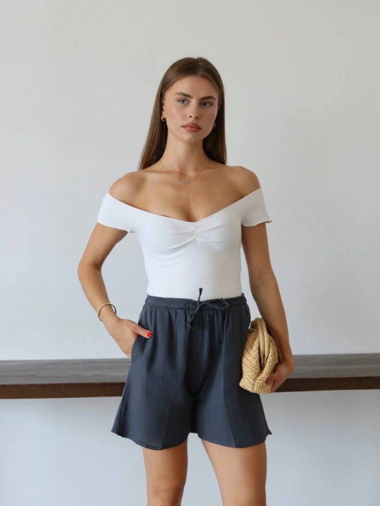 Müslin Kumaş Şort Bağcıklı Antrasit Pt Müslin Kumaş Şort Bağcıklı Antrasit Pt