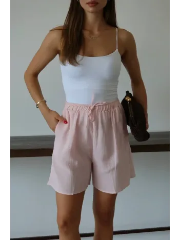 Müslin Kumaş Şort Bağcıklı Pembe Pt