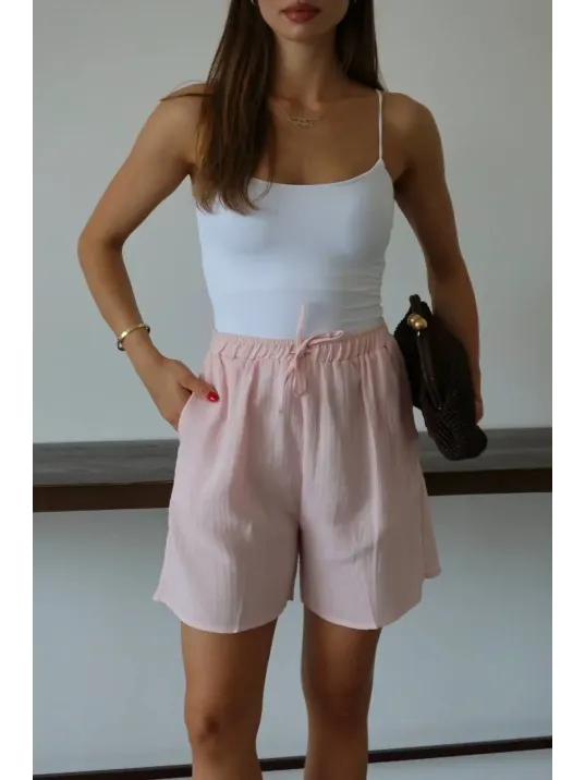Müslin Kumaş Şort Bağcıklı Pembe Pt Müslin Kumaş Şort Bağcıklı Pembe Pt