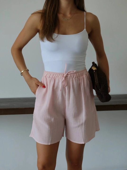 Müslin Kumaş Şort Bağcıklı Pembe Pt Müslin Kumaş Şort Bağcıklı Pembe Pt