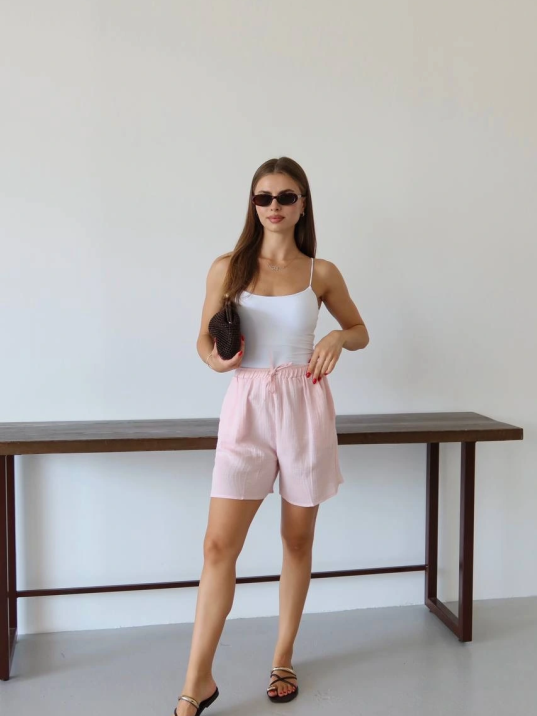 Müslin Kumaş Şort Bağcıklı Pembe Pt Müslin Kumaş Şort Bağcıklı Pembe Pt