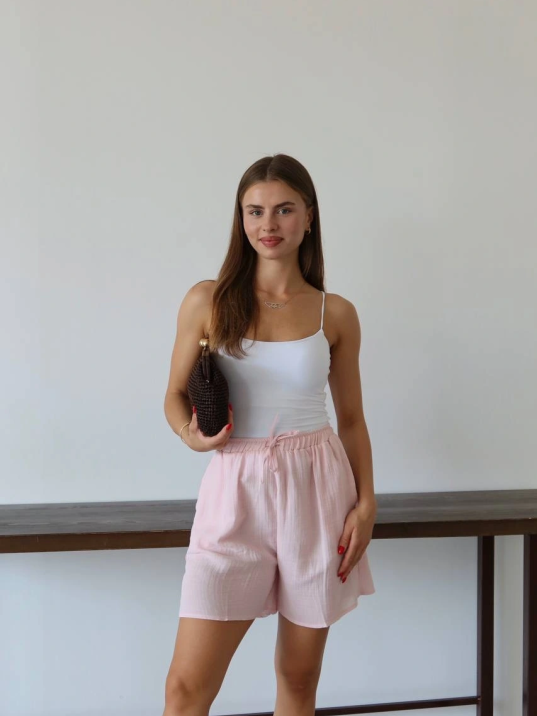 Müslin Kumaş Şort Bağcıklı Pembe Pt Müslin Kumaş Şort Bağcıklı Pembe Pt