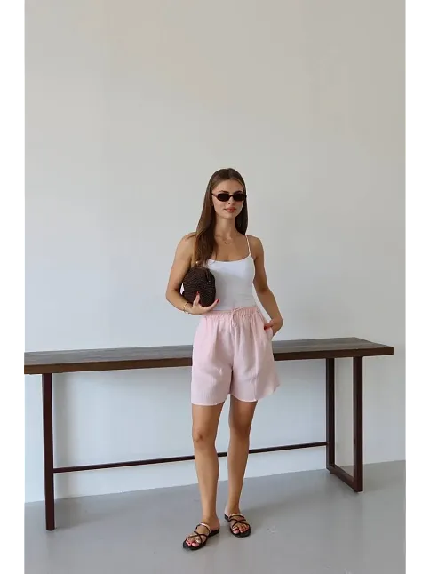Müslin Kumaş Şort Bağcıklı Pembe Pt