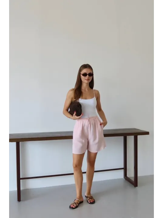 Müslin Kumaş Şort Bağcıklı Pembe Pt