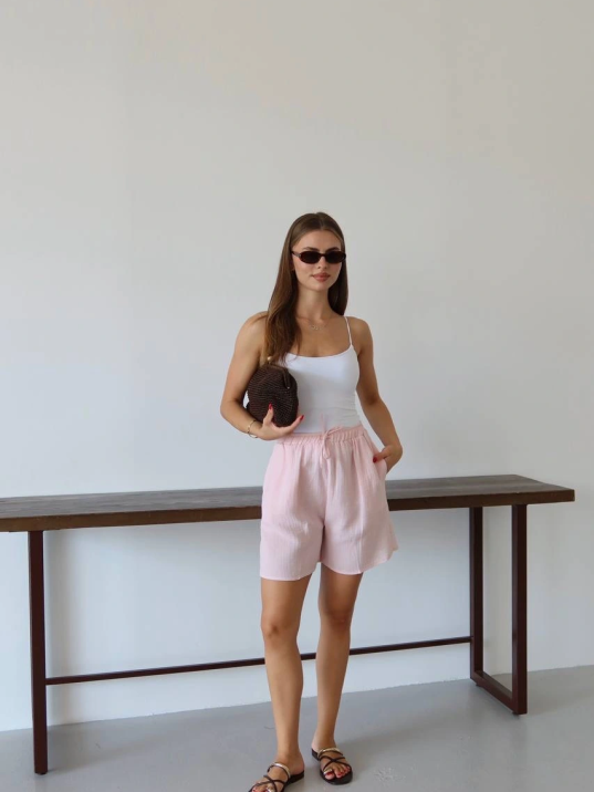 Müslin Kumaş Şort Bağcıklı Pembe Pt Müslin Kumaş Şort Bağcıklı Pembe Pt