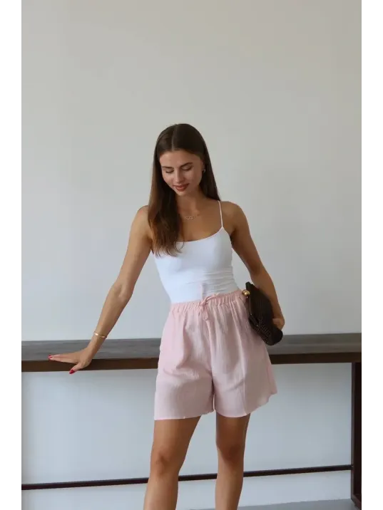 Müslin Kumaş Şort Bağcıklı Pembe Pt