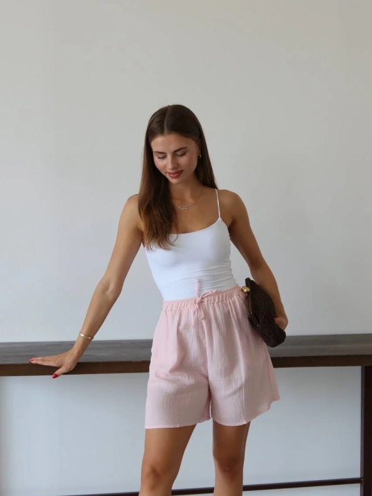 Müslin Kumaş Şort Bağcıklı Pembe Pt Müslin Kumaş Şort Bağcıklı Pembe Pt