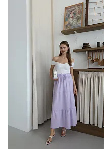 Müslin Kumaş Keten Uzun Etek Lila Pt