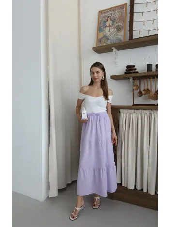 Müslin Kumaş Keten Uzun Etek Lila Pt