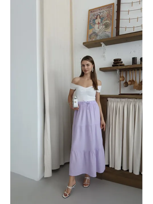 Müslin Kumaş Keten Uzun Etek Lila Pt