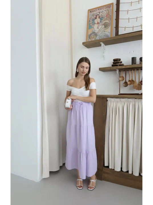 Müslin Kumaş Keten Uzun Etek Lila Pt