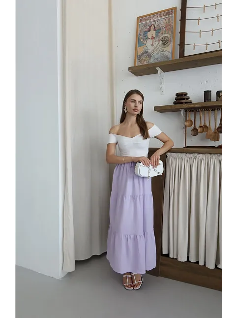 Müslin Kumaş Keten Uzun Etek Lila Pt