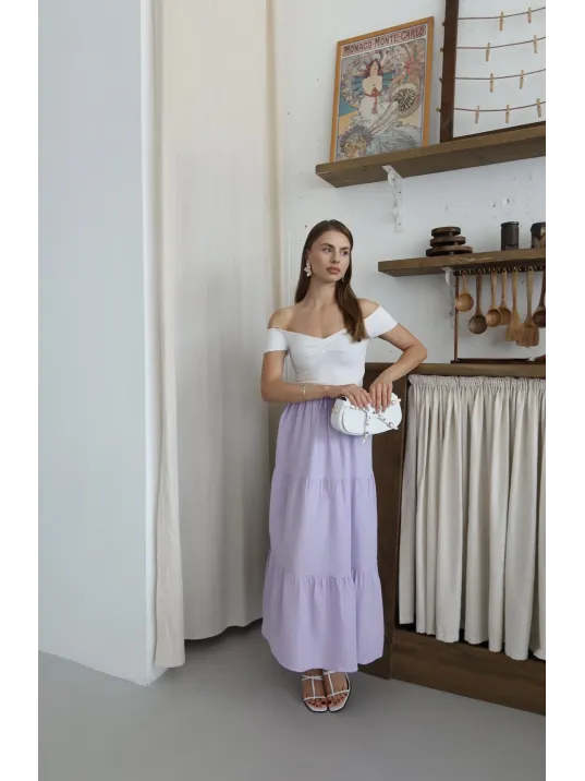 Müslin Kumaş Keten Uzun Etek Lila Pt