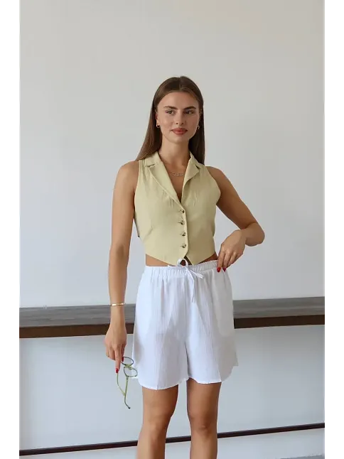 Müslin Kumaş Şort Bağcıklı Beyaz Pt