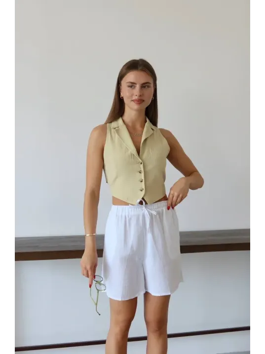 Müslin Kumaş Şort Bağcıklı Beyaz Pt