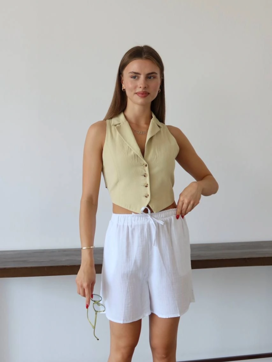 Müslin Kumaş Şort Bağcıklı Beyaz Pt Müslin Kumaş Şort Bağcıklı Beyaz Pt