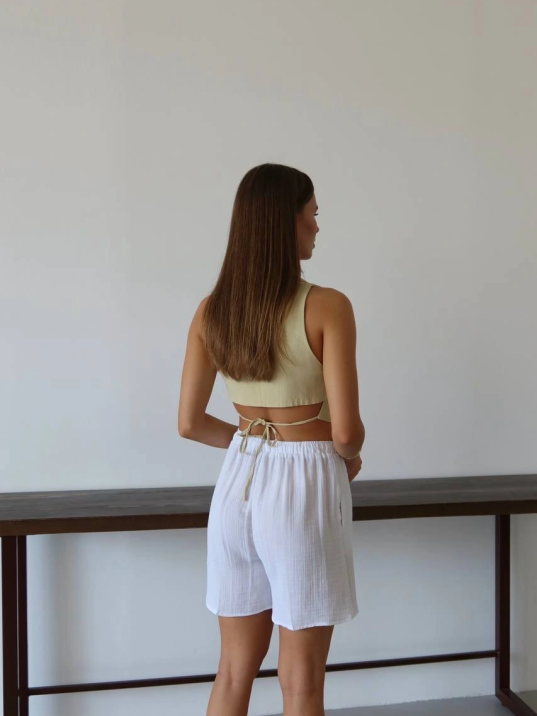 Müslin Kumaş Şort Bağcıklı Beyaz Pt Müslin Kumaş Şort Bağcıklı Beyaz Pt