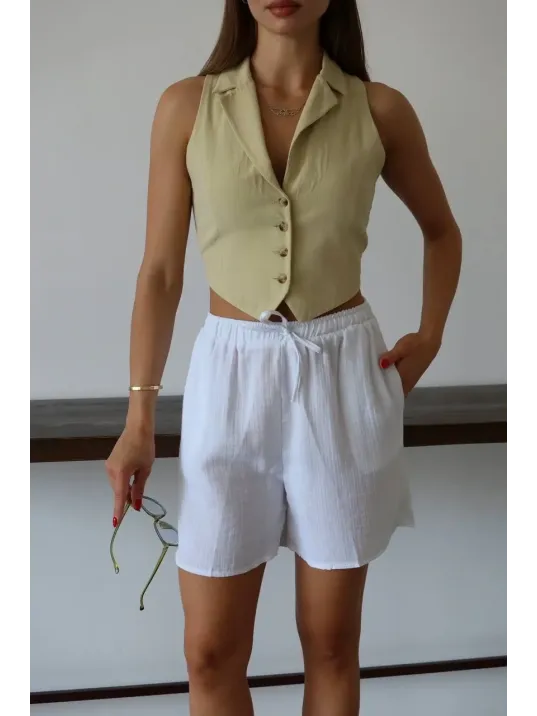 Müslin Kumaş Şort Bağcıklı Beyaz Pt