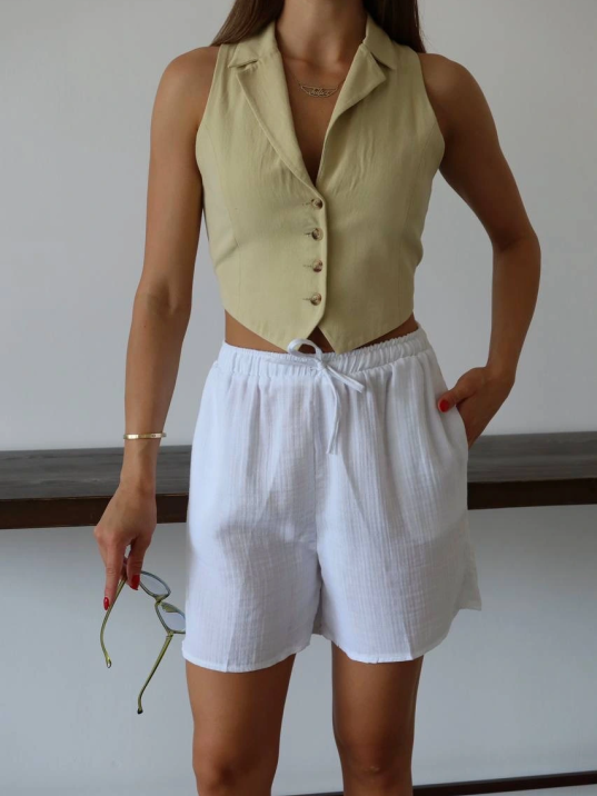 Müslin Kumaş Şort Bağcıklı Beyaz Pt Müslin Kumaş Şort Bağcıklı Beyaz Pt