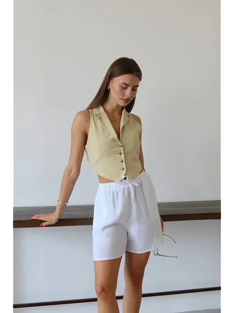 Müslin Kumaş Şort Bağcıklı Beyaz Pt