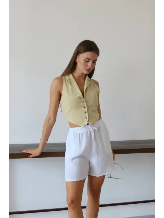 Müslin Kumaş Şort Bağcıklı Beyaz Pt