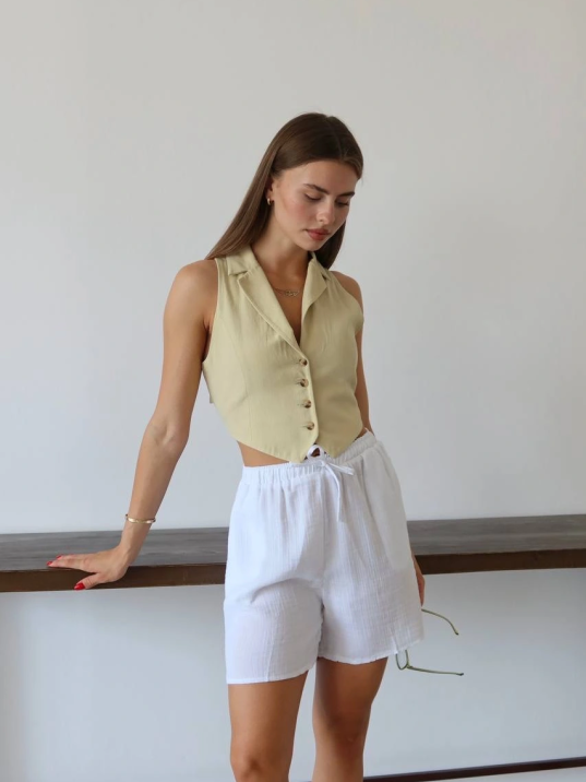 Müslin Kumaş Şort Bağcıklı Beyaz Pt Müslin Kumaş Şort Bağcıklı Beyaz Pt