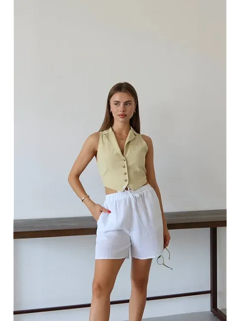 Müslin Kumaş Şort Bağcıklı Beyaz Pt