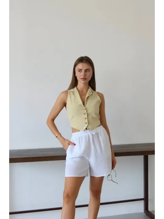 Müslin Kumaş Şort Bağcıklı Beyaz Pt